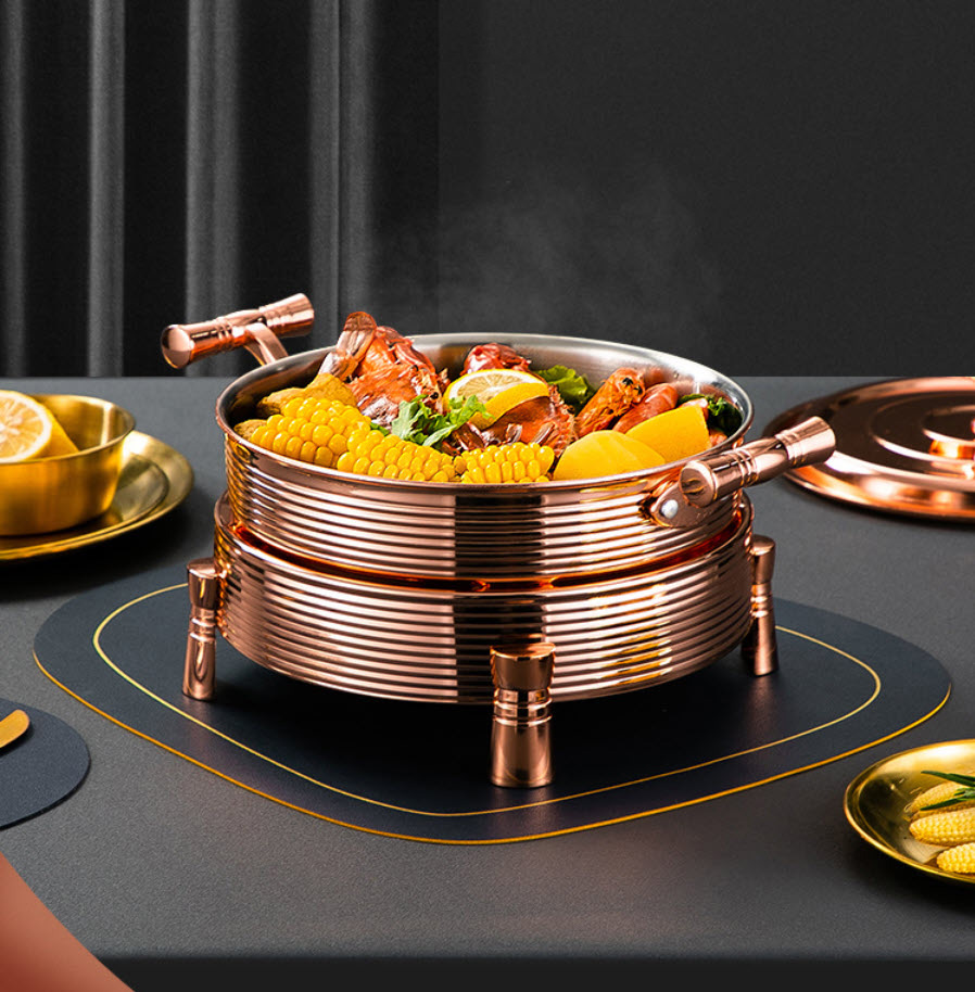 Nồi lẩu khô nồi hâm nóng buffet kèm bếp cồn Inox 304 mạ vàng size 22-28cm YSS01