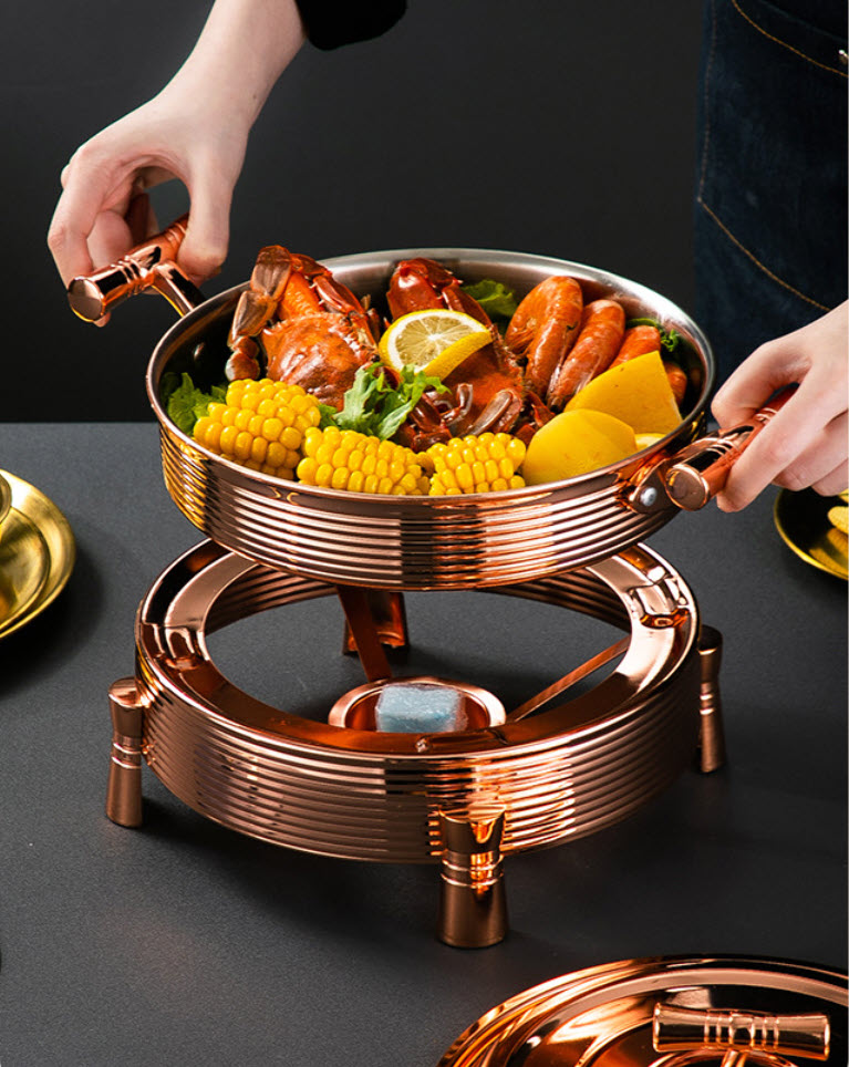 Nồi lẩu khô nồi hâm nóng buffet kèm bếp cồn Inox 304 mạ vàng size 22-28cm YSS01