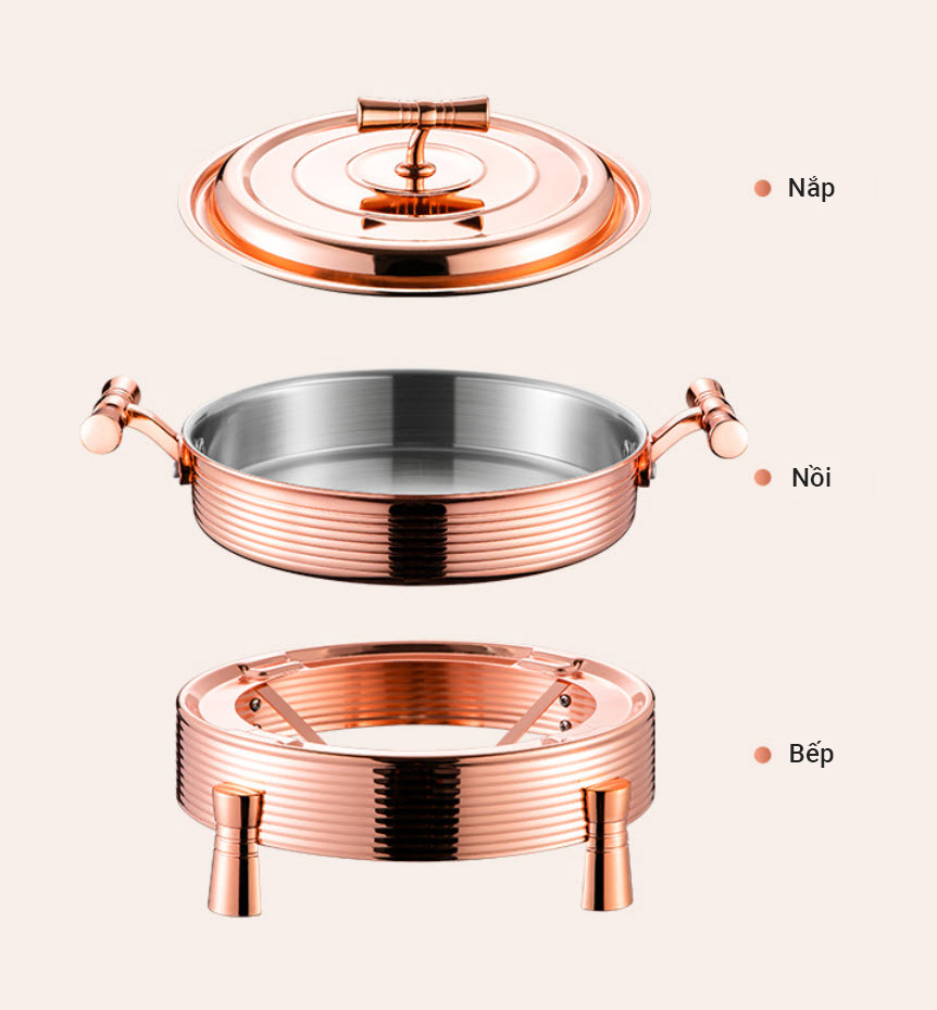 Nồi lẩu khô nồi hâm nóng buffet kèm bếp cồn Inox 304 mạ vàng size 22-28cm YSS01