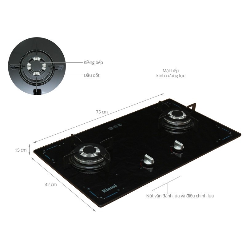 Bếp gas âm Rinnai RVB-212BG, BG(SL) - Có ngắt gas tự động - HÀNG CHÍNH HÃNG 100%