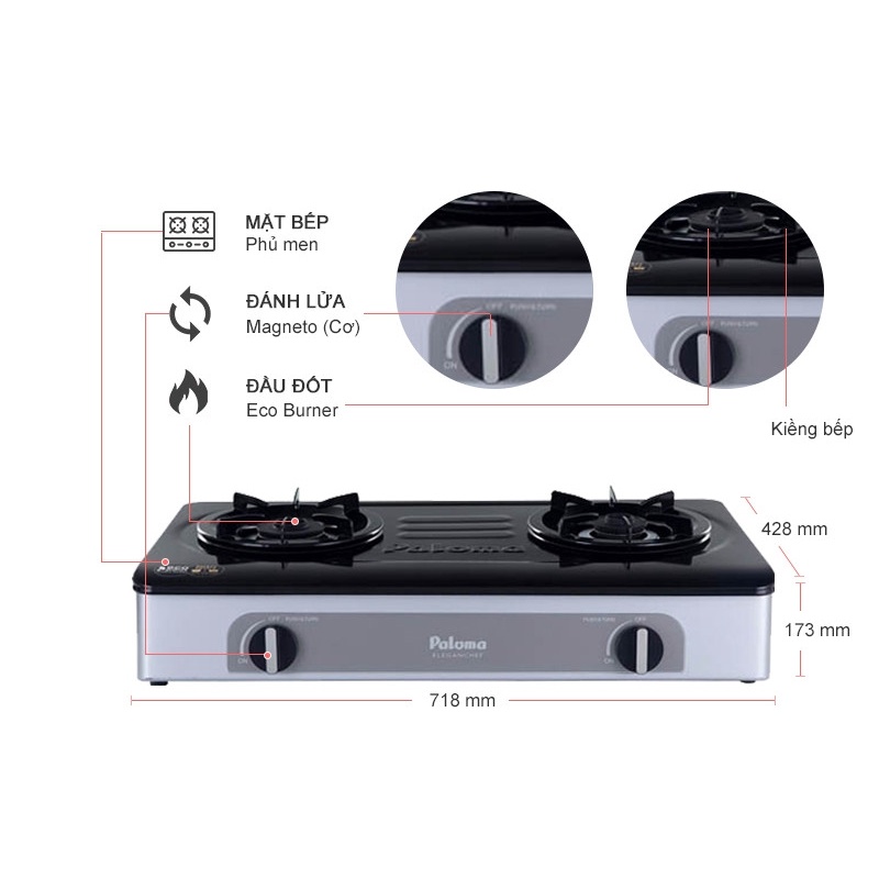 Bếp gas đôi Paloma PA-V71ES - Cảm ứng ngắt gas an toàn, Mặt bếp tráng men cao cấp - HÀNG CHÍNH HÃNG 100%