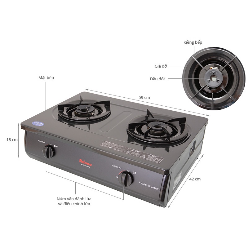Bếp gas dương Paloma PA-6MEJ, sản xuất và nhập khẩu nguyên chiếc từ Nhật Bản, mặt bếp tráng men, đầu đốt ECO