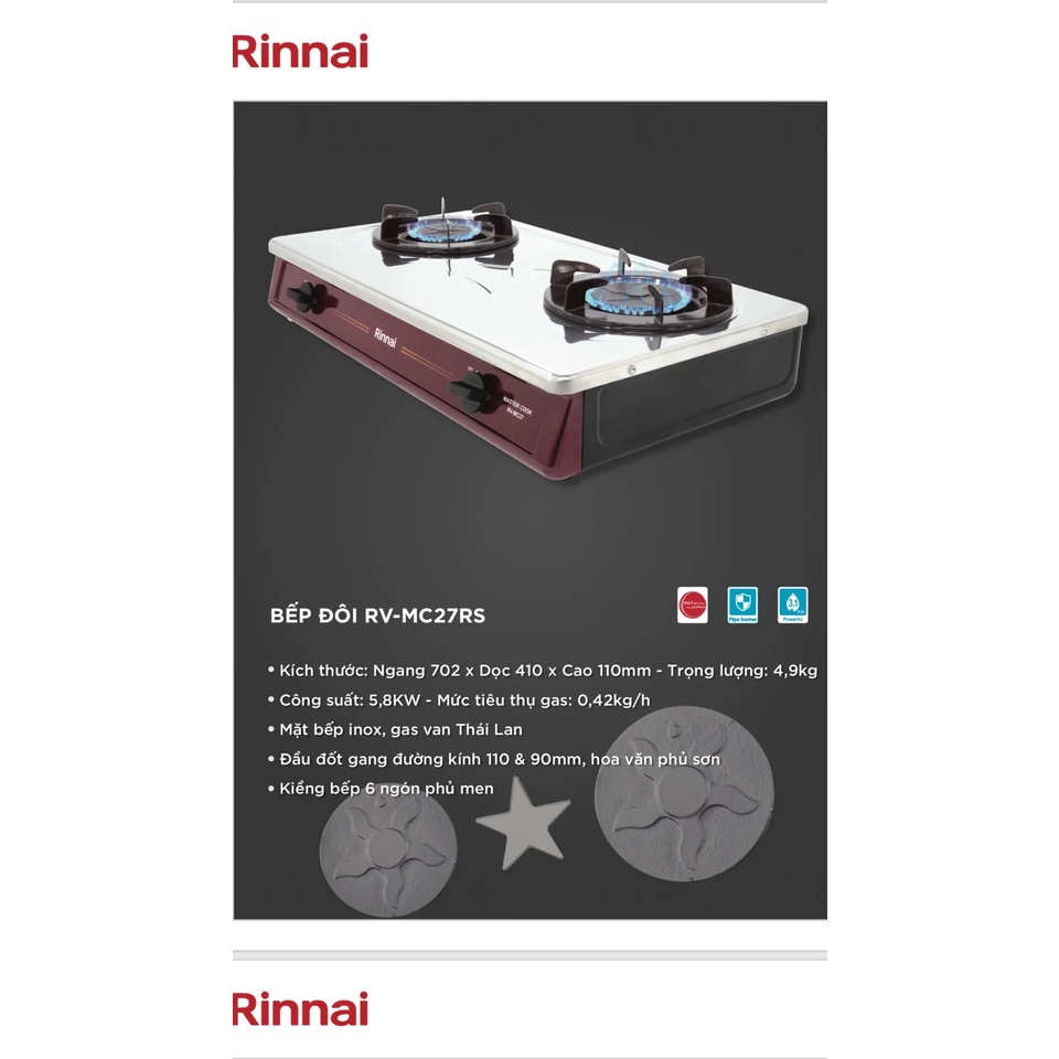 Bếp Gas Đôi Rinnai RV-MC27RS - Bảo Hành 2 Năm - Hàng Chính Hãng 100%
