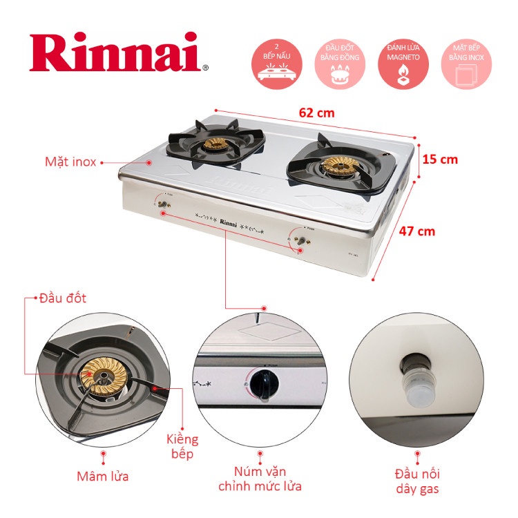 BẾP GAS DƯƠNG RINNAI 365(SW)-MẶT INOX-HÀNG CHÍNH HẴNG 100%