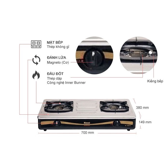 Bếp gas đôi 7 tấc Rinnai RI-602DI, Đầu đốt lửa trong (Nhập khẩu chính hãng INDONESIA)