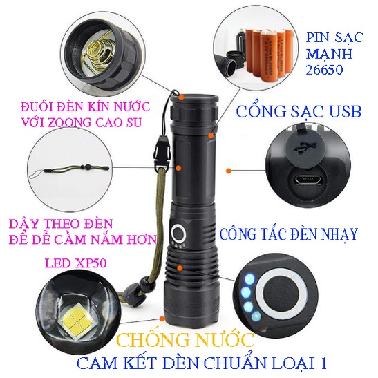 Đèn Pin Siêu Sáng Dùng Chip Led XHP50 Dùng Pin 26650 Dung Lượng Cao, Có Led Báo Dung Lượng Đèn Cầm Tay Cao Cấp