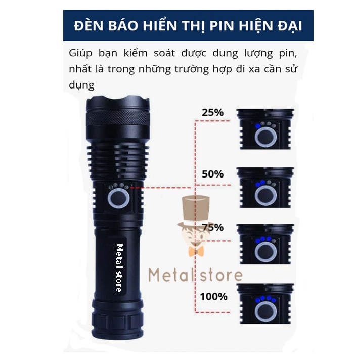 Đèn Pin Siêu Sáng Dùng Chip Led XHP50 Dùng Pin 26650 Dung Lượng Cao, Có Led Báo Dung Lượng Đèn Cầm Tay Cao Cấp