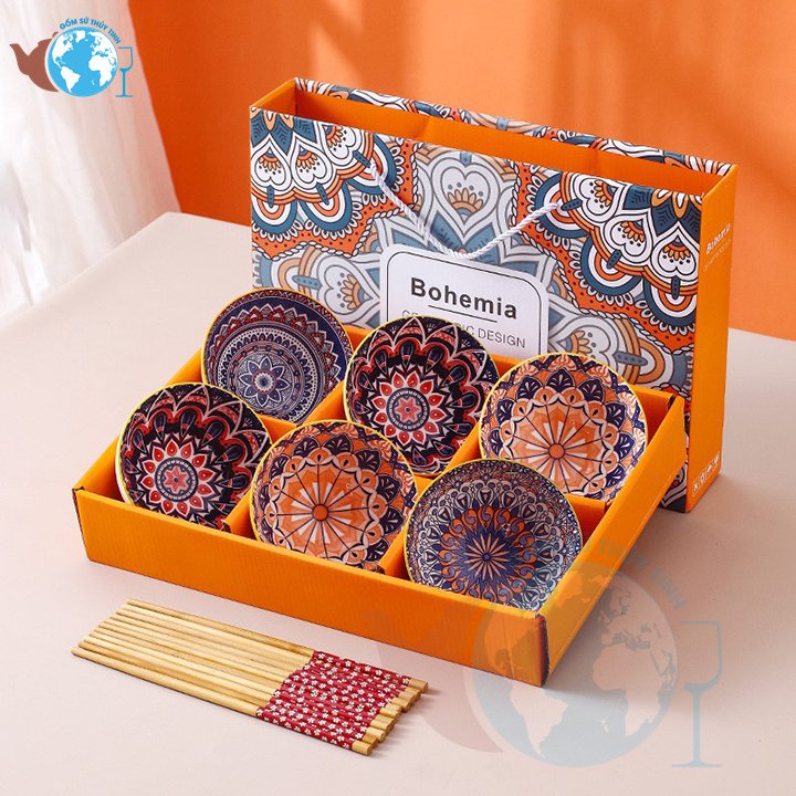 Bộ 6 Chén Kiểu Hoa Văn Cao Cấp Bohemia Và 6 Đôi Đũa Kèm Hộp Làm Quà Tặng Sang Trọng