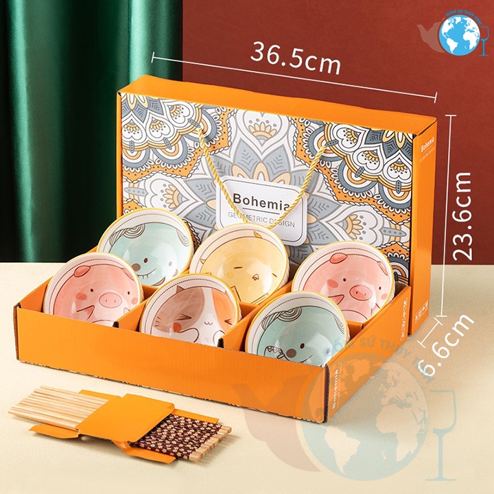Bộ 6 Chén Kiểu Hoa Văn Cao Cấp Bohemia Và 6 Đôi Đũa Kèm Hộp Làm Quà Tặng Sang Trọng