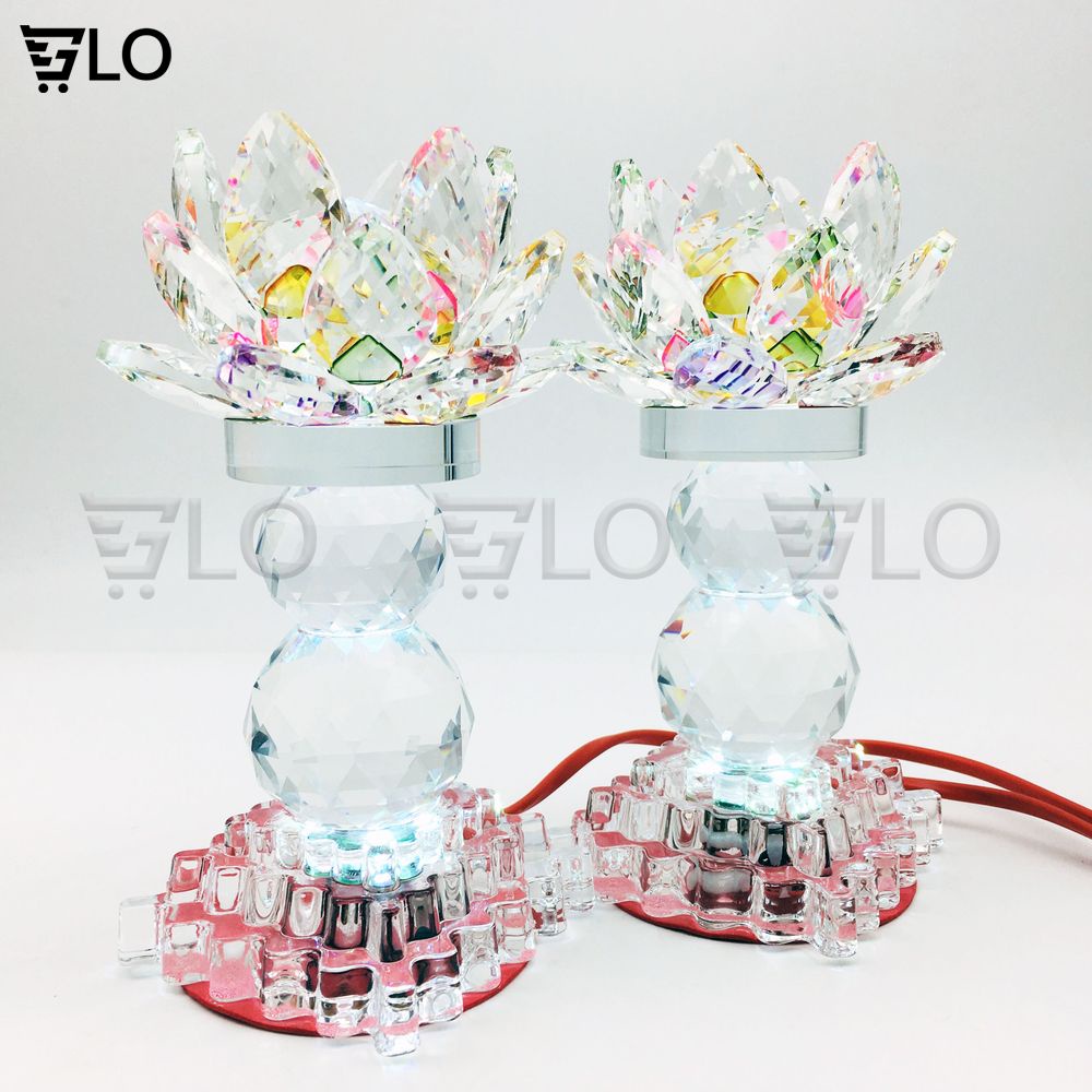 Cặp Đèn Hoa Sen Pha Lê Nguyên Khối Cao Cấp 17cm Tự Chuyển 7 Màu Cực Đẹp