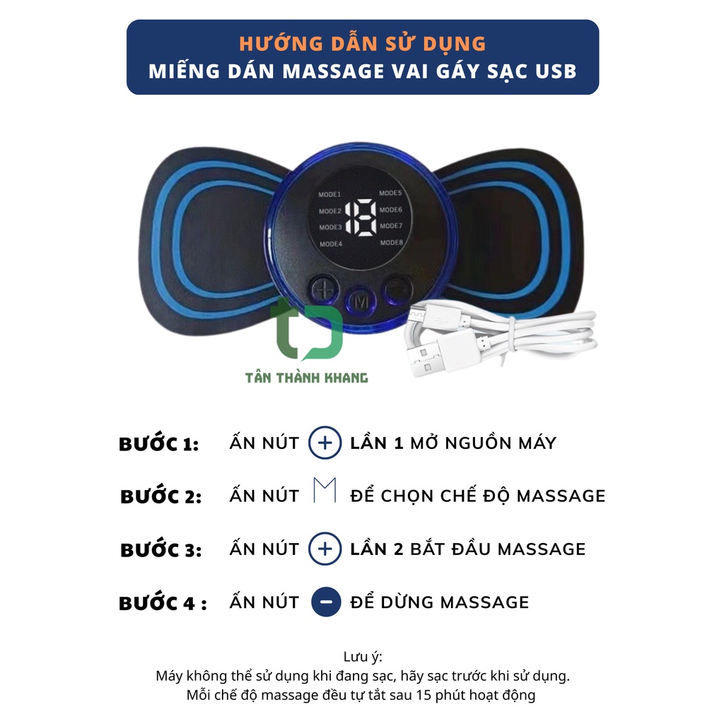 Miếng Dán Massage Xung Điện EMS Có Sạc USB Giảm Nhức Mỏi Cổ Vai Gáy, Bắp Tay, Lưng Hiệu Quả, Thư Giãn Cơ