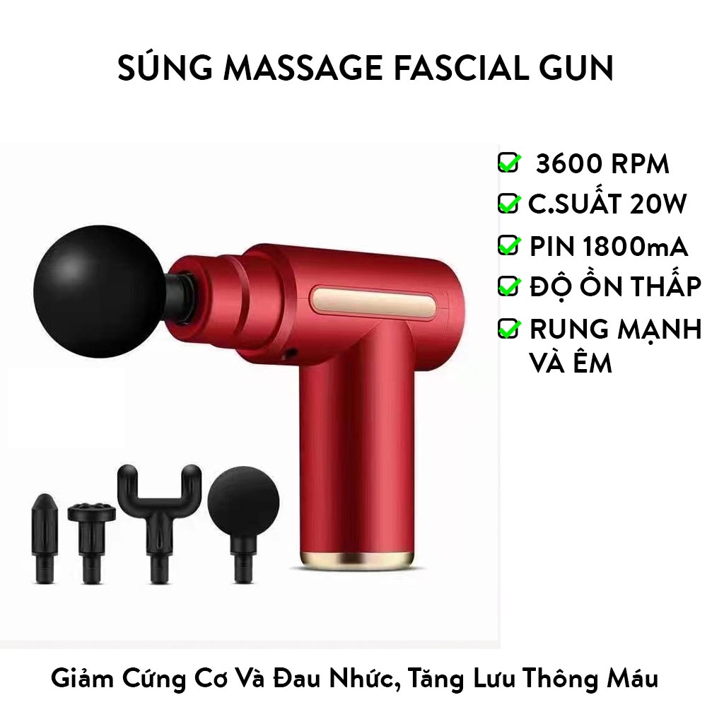 Súng Massage Fascial Gun Đấm Lưng Cầm Tay Đa Năng, Giãn Cơ Booster, Mát Xa Cổ Vai Gáy Với 4 Đầu Và 6 Chế Độ