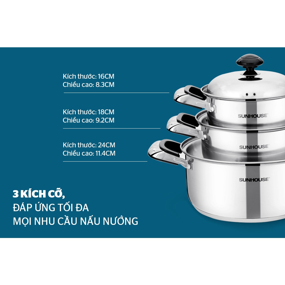 Bộ Nồi Inox 3 Đáy Sunhouse SH333