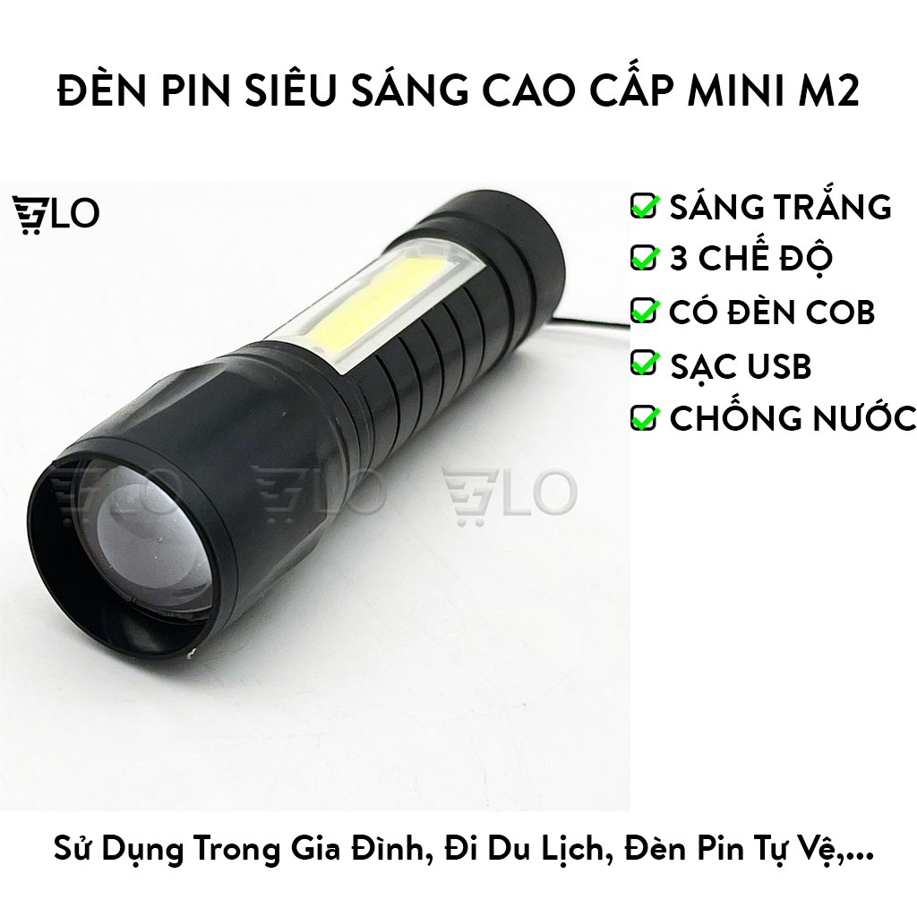 Đèn Pin Siêu Sáng Cao Cấp Mini M2, Có Zoom, 3 Chế Độ Sáng, Có Đèn COB Bên Hông, Kèm Dây Sạc Fullbox