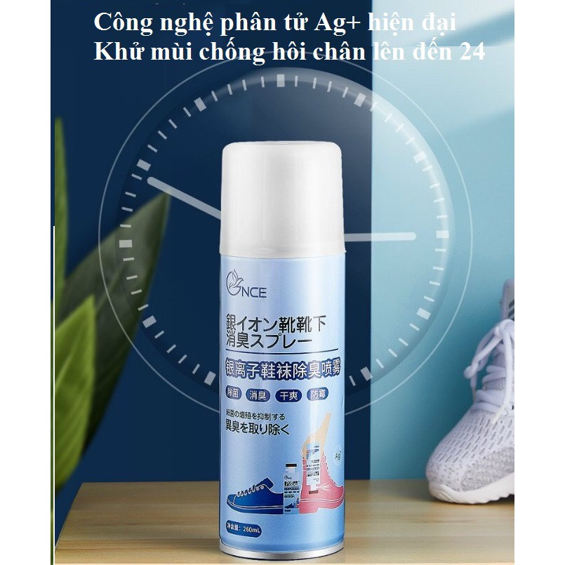 Bình Xịt Khử Mùi Giày 260ml Công Nghệ Bạc AG+, Chống Hôi Chân, Ngăn Mồ Hôi, Diệt Khuẩn, Hiệu Quả Đến 24h
