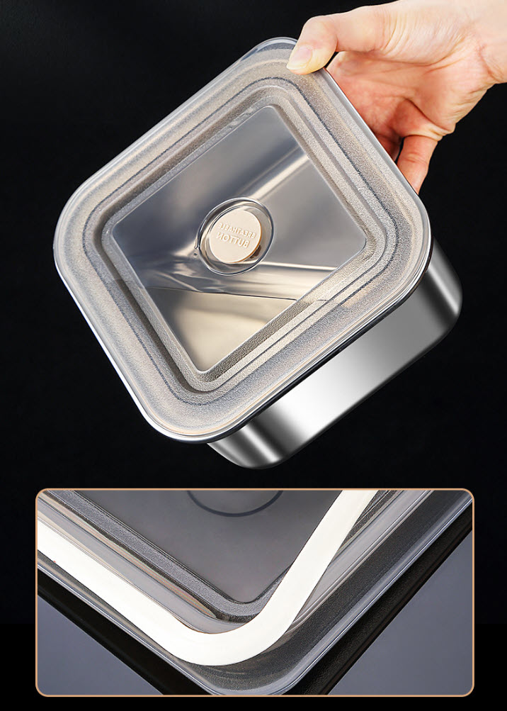 Hộp đựng thực phẩm inox 304 mẫu vuông BXH16 nắp PP chống tràn