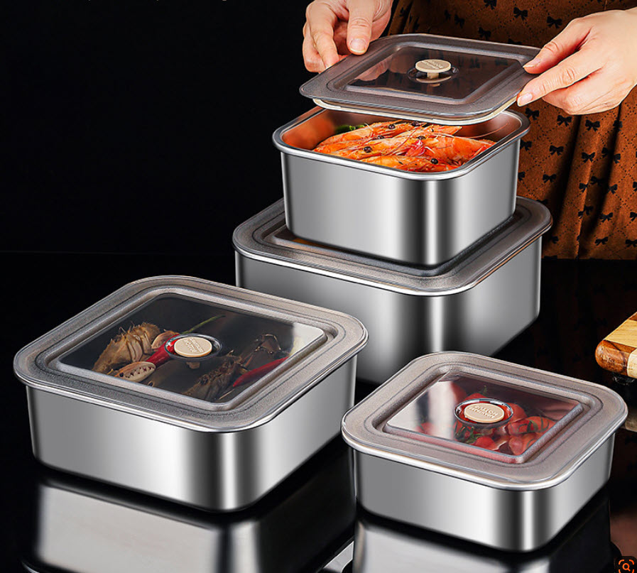 Hộp đựng thực phẩm inox 304 mẫu vuông BXH16 nắp PP chống tràn
