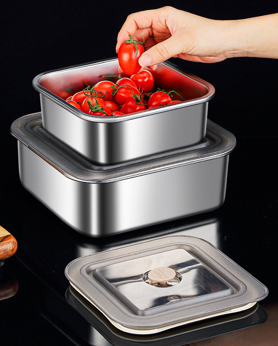 Hộp đựng thực phẩm inox 304 mẫu vuông BXH16 nắp PP chống tràn