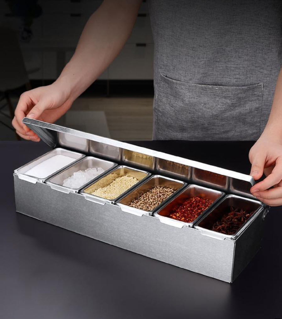 Khay đựng gia vị nhiều ngăn có nắp đậy bảo quản inox 304 BXH17