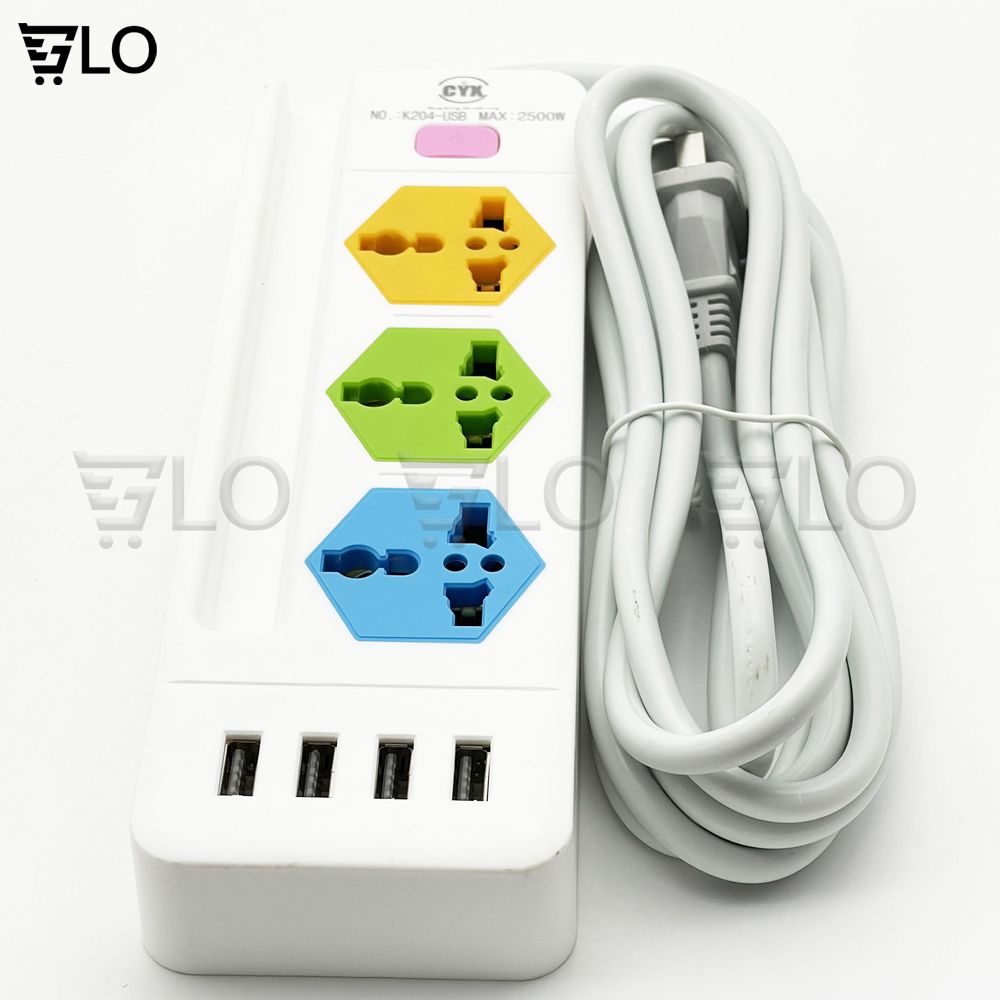 Ổ CẮM ĐIỆN CYX K204 Có 4 Cổng USB Sạc Đa Năng, 3 Ổ Cắm 3 Chấu, Dây Dài 3M Công Suất 2500W, Có Khe Gác Điện Thoại