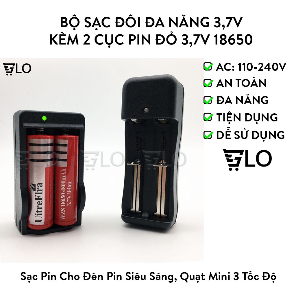 Bộ Sạc Đôi Đa Năng 3,7V Kèm 2 Cục Pin Đỏ 3,7V 18650
