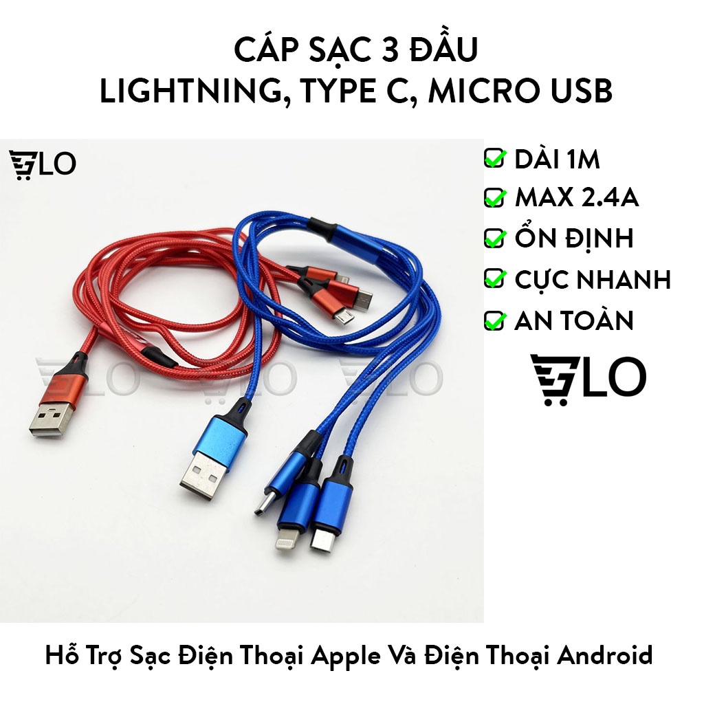 Cáp Sạc 3 Đầu ,Type C,Micro USB Dây Dù Chống Đứt Dài 1m