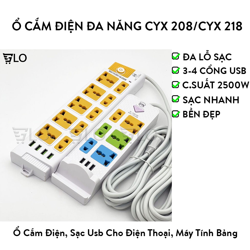 Ổ Cắm Điện CYX K208 K218 K238 Tích Hợp Cổng Sạc USB Đa Năng, Nhiều Lỗ Cắm, Công Suất 2500W
