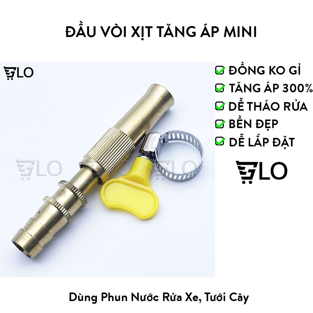 Đầu Vòi Xịt Tăng Áp Mini Bằng Đồng Phun Nước Rửa Xe, Tưới Cây Tăng Áp Đa Năng Có Đai Siết Ống Đi Kèm