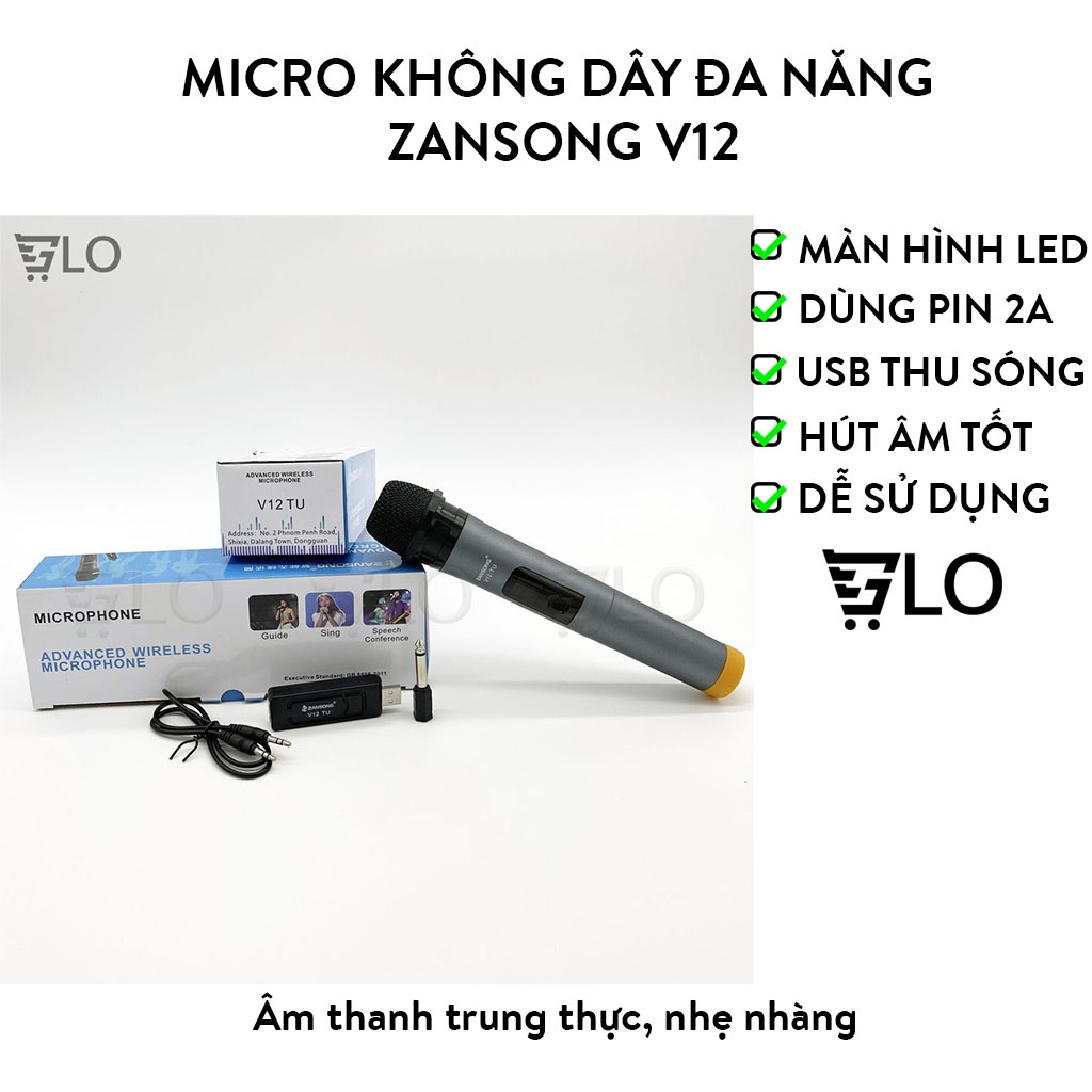Micro Không Dây Đa Năng Zansong V12 Màn Hình Led Chống Hú Tốt, Hút Âm