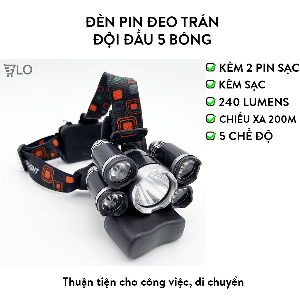 Đèn Pin Đội Đầu Đeo Trán 5 Bóng T6 Siêu Sáng Kèm Pin Sạc