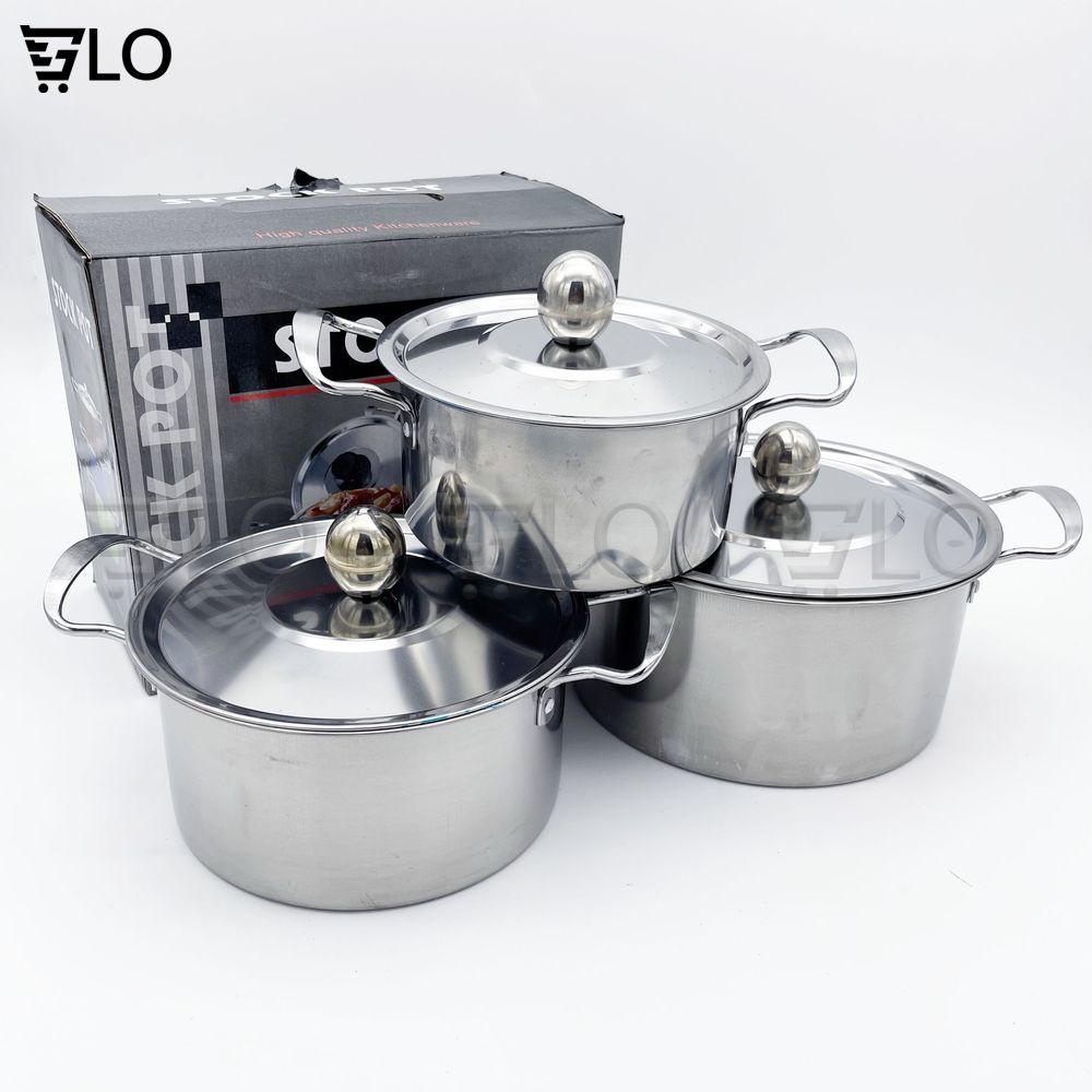Combo 3 Nồi Inox 304 Có Nắp Và Tay Cầm Kích Thước 16-18-20cm GloShop