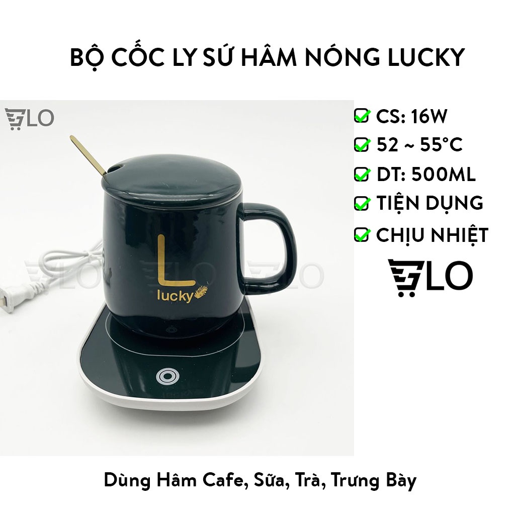 Bộ Cốc Ly Sứ Hâm Nóng Lucky Thông Minh Cao Cấp, Kèm Đế Điện Hâm Cafe, Sữa, Trà Tặng Kèm Thìa Mạ Vàng