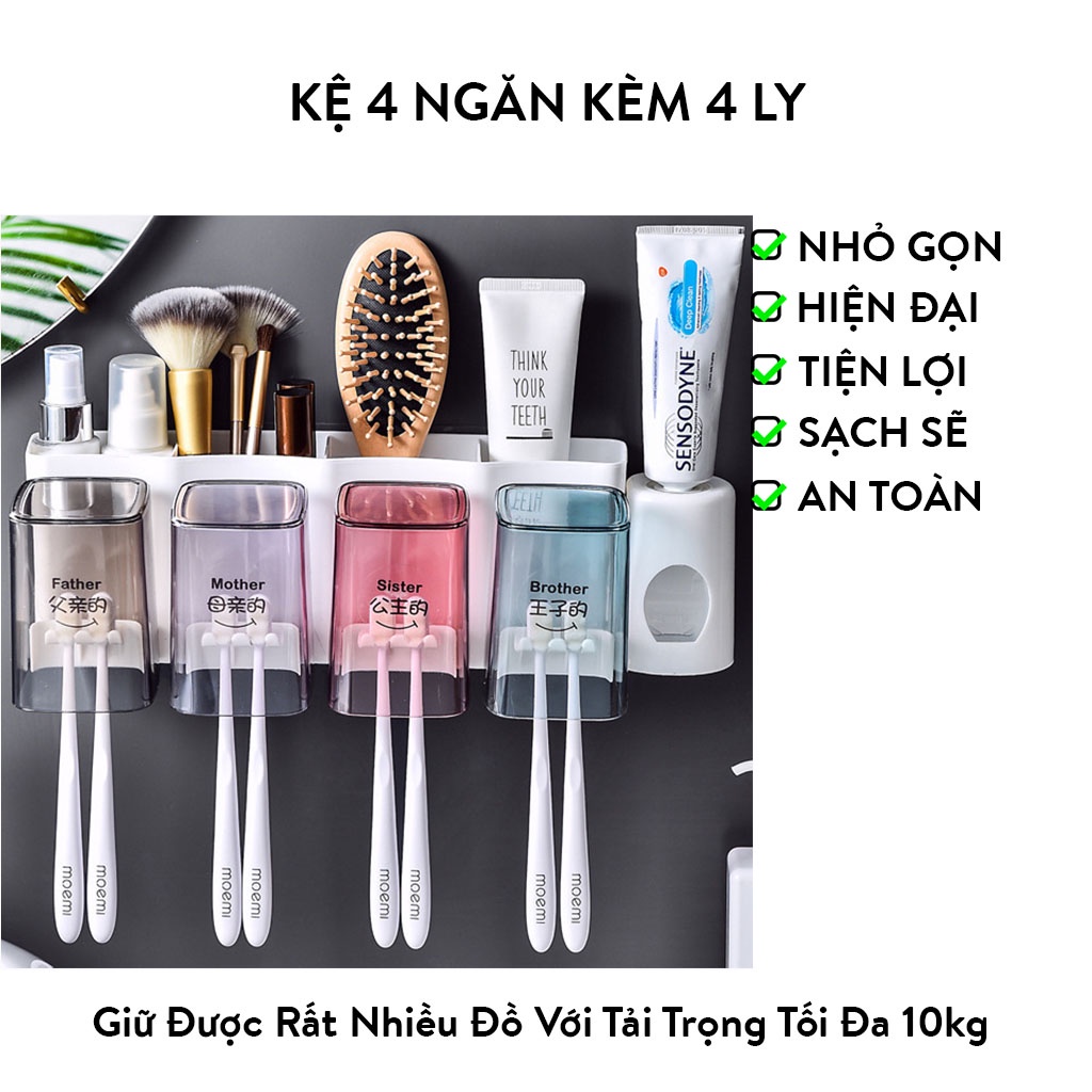 Kệ 4 Ngăn Kèm 4 Ly Đựng Kem Đánh Răng, Bản Chải