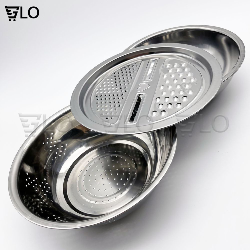 Bộ Bào Nạo Rau Củ Kiêm Rổ Và Chậu Inox Cao Cấp Đa Năng