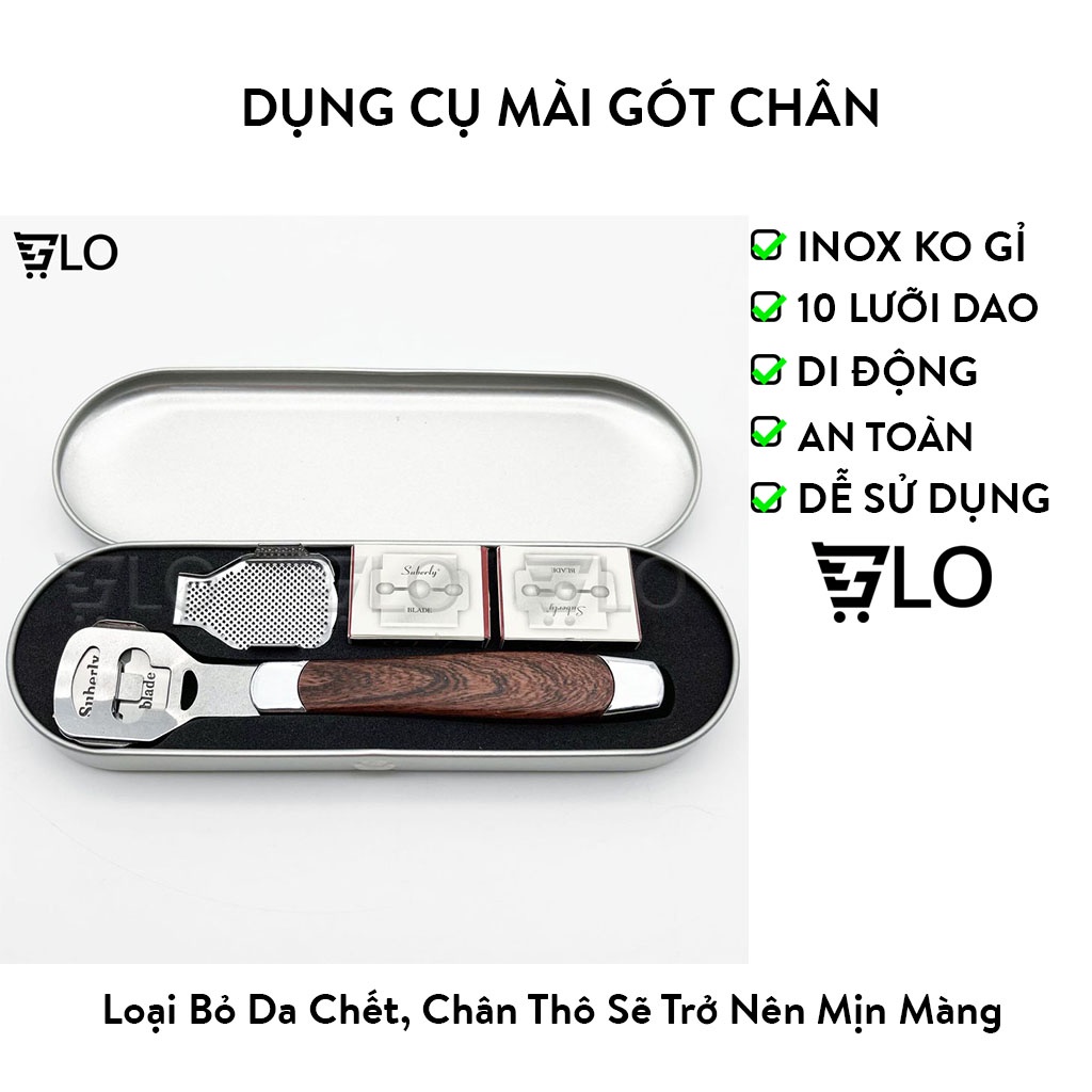Dụng Cụ Chà Gót Chân, Mài, Tẩy Da Chết Inox Cao Cấp Kèm 10 Lưỡi Dao Cạo Thay Thế