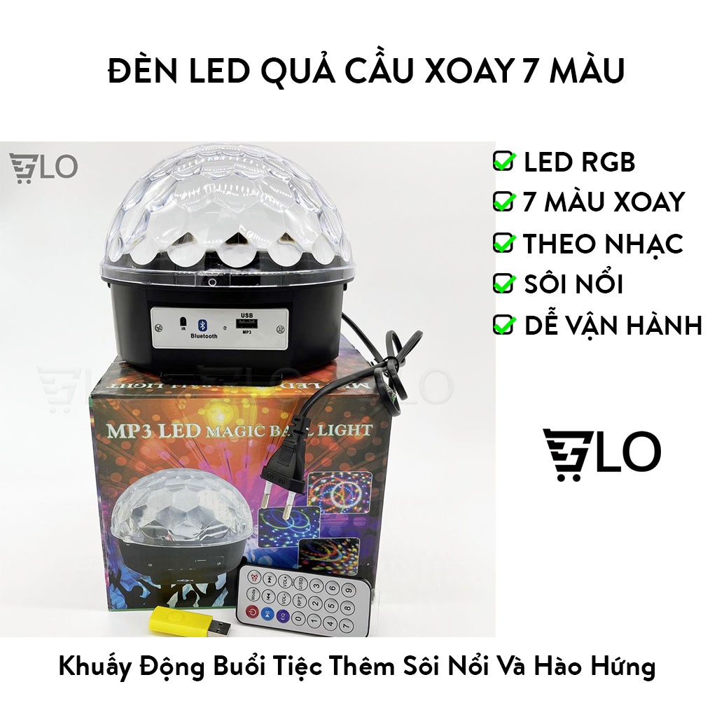 Đèn Led Quả Cầu Xoay Vũ Trường Sân Khấu 7 Màu Có Bluetooth, Phát Nhạc Thẻ Nhớ, Usb Kèm Remote