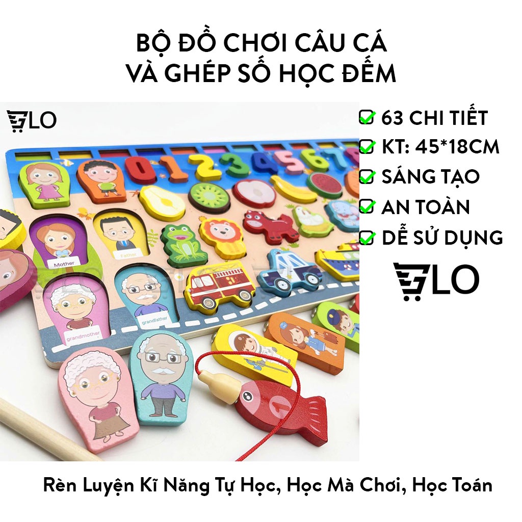 Bộ Đồ Chơi Câu Cá Và Ghép Số Học Đếm 63 Chi Tiết Cho Bé, Bộ Bảng Số Thông Minh Bằng Gỗ