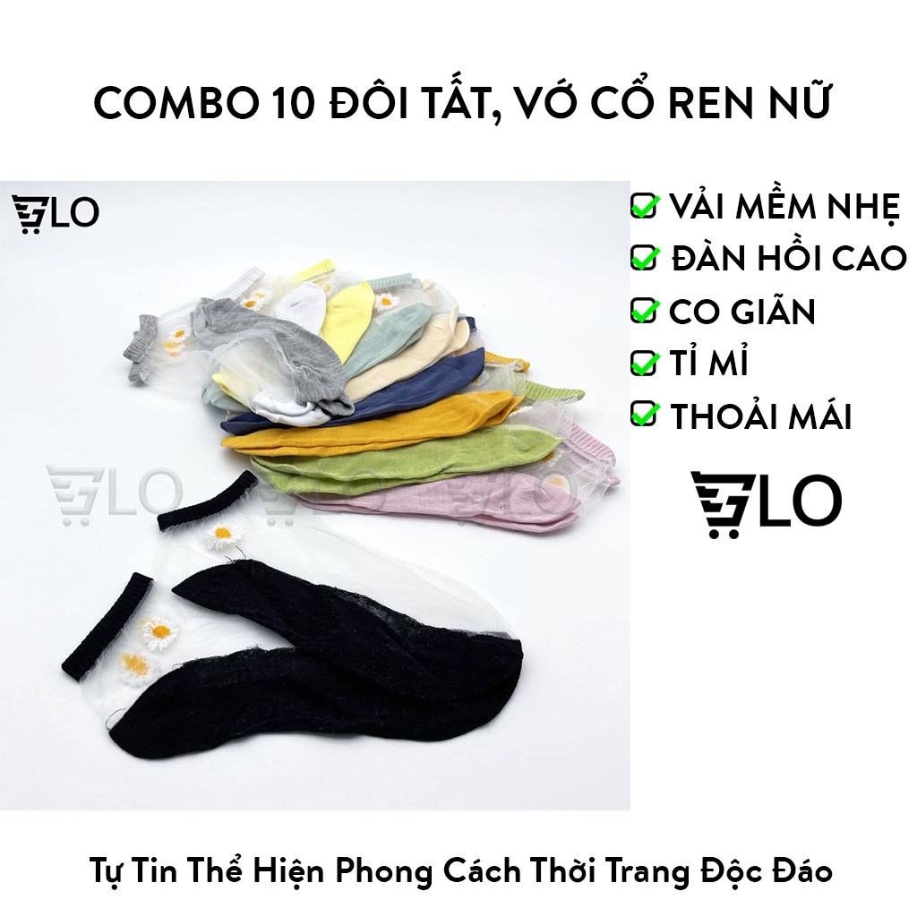 Combo 10 Đôi Tất, Vớ Cổ Ren Nữ, Họa Tiết Hoa Cúc Đẹp Mắt, Chất Liệu Vải Cotton Mịn