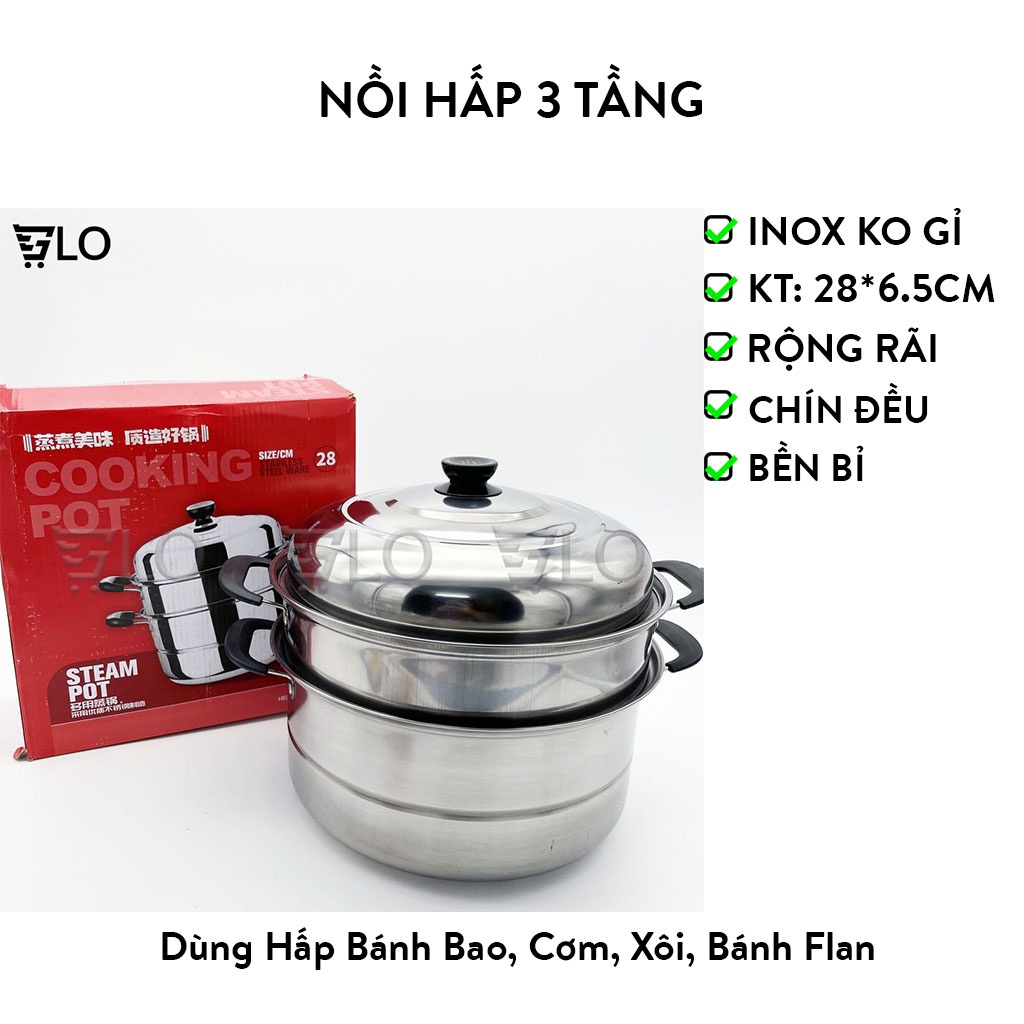 Nồi Hấp Bánh Bao, Cơm, Xôi, Bánh Flan Inox 3 Tầng Dùng Được Bếp Từ