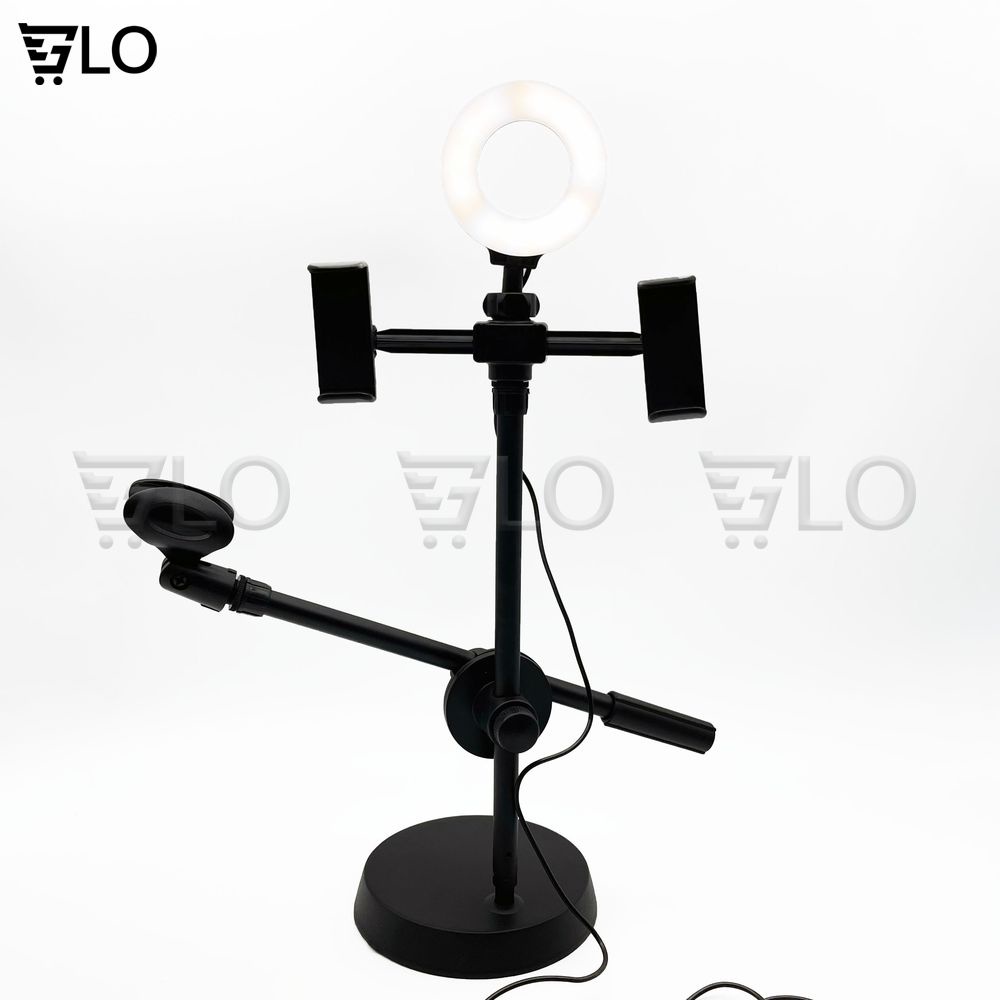Giá Đỡ Livestream 4 In 1 Gồm Đèn Led + 2 Kẹp Điện Thoại + 1 Micro
