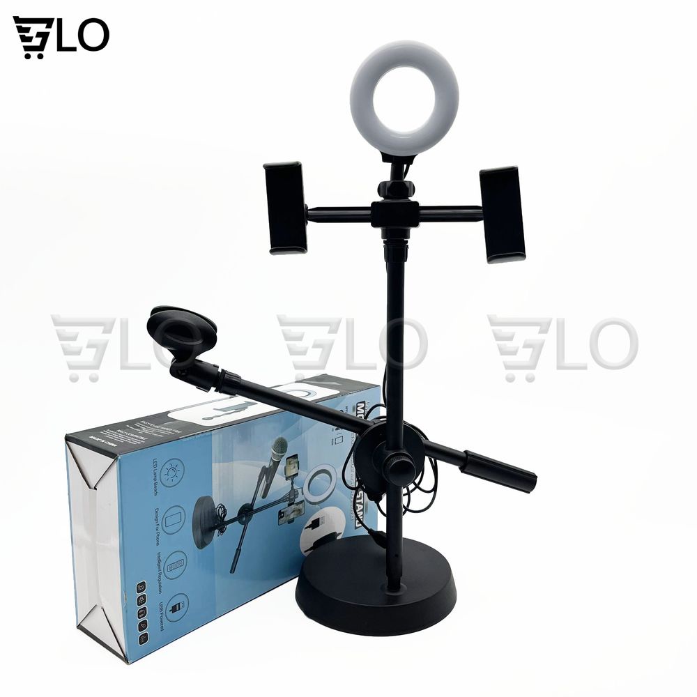 Giá Đỡ Livestream 4 In 1 Gồm Đèn Led + 2 Kẹp Điện Thoại + 1 Micro
