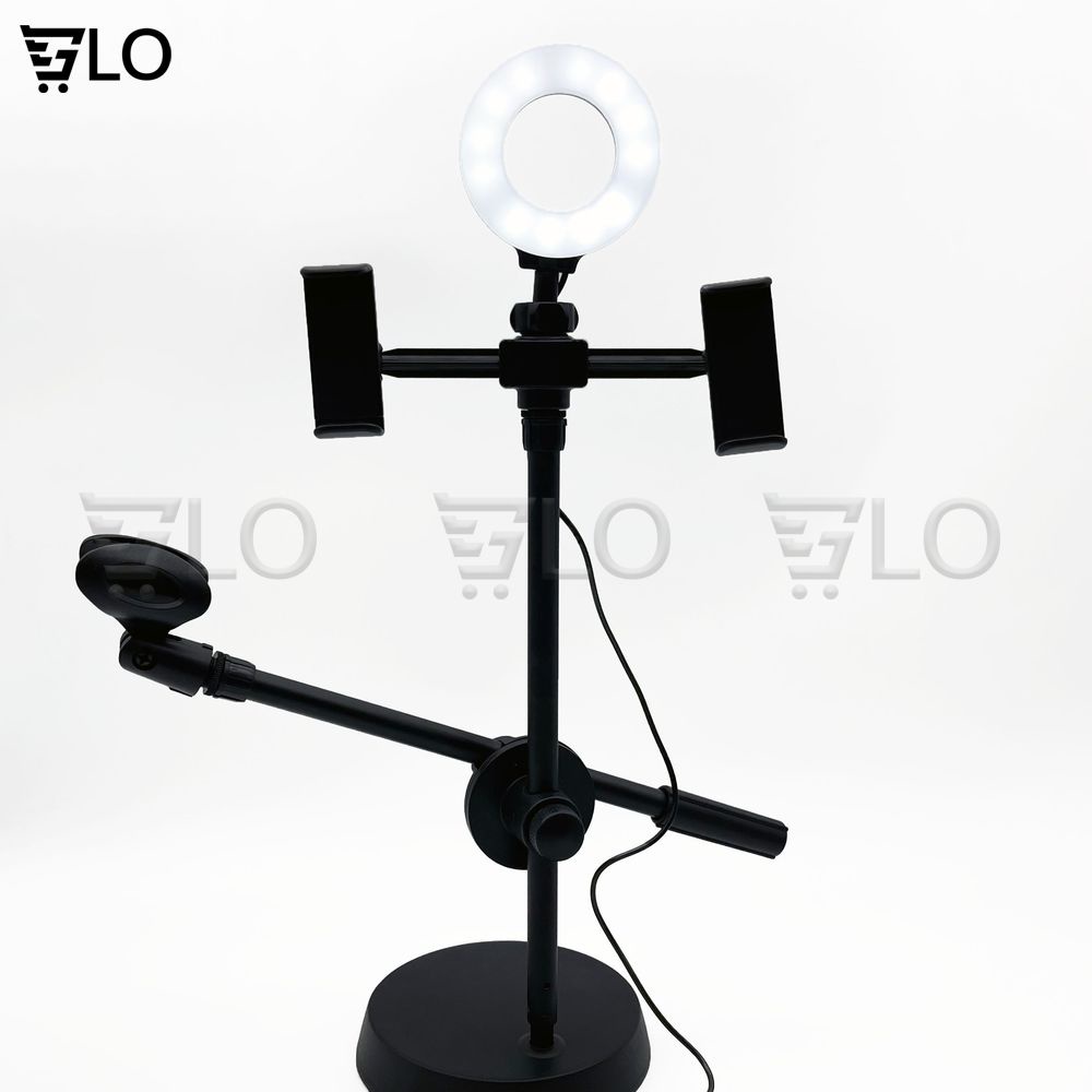 Giá Đỡ Livestream 4 In 1 Gồm Đèn Led + 2 Kẹp Điện Thoại + 1 Micro