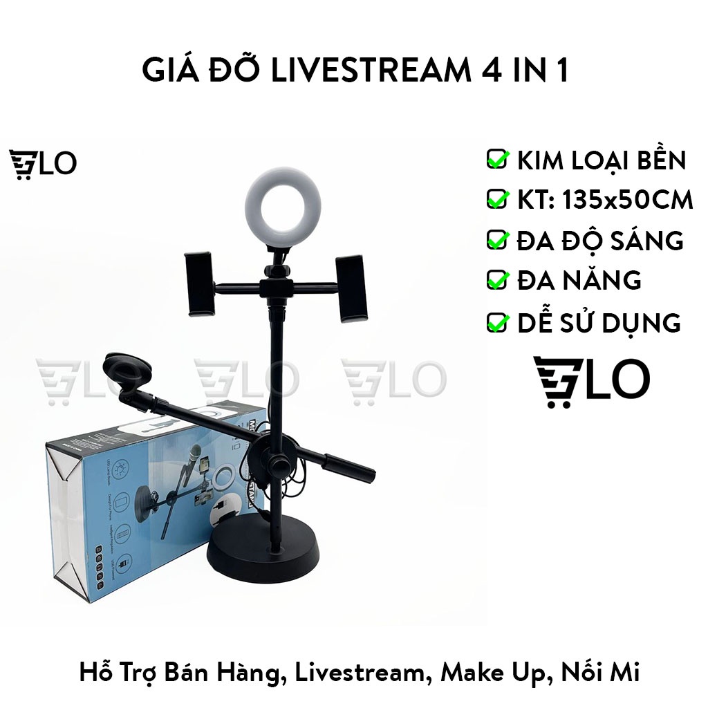 Giá Đỡ Livestream 4 In 1 Gồm Đèn Led + 2 Kẹp Điện Thoại + 1 Micro