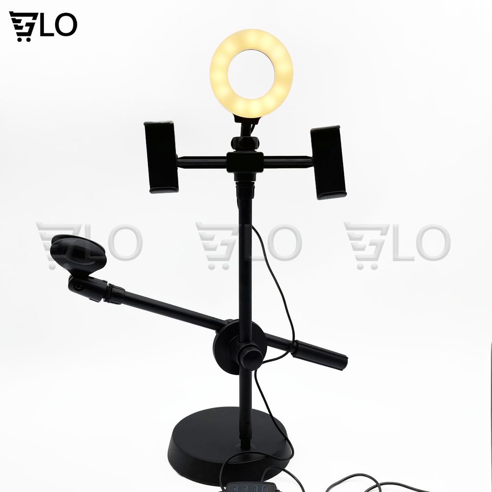 Giá Đỡ Livestream 4 In 1 Gồm Đèn Led + 2 Kẹp Điện Thoại + 1 Micro