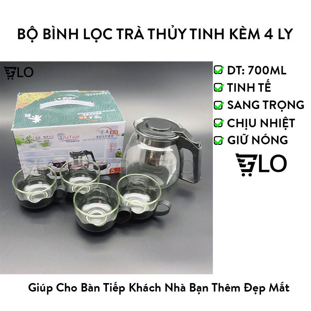 Bộ Bình Lọc Trà 700ml Thủy Tinh Kèm 4 Ly Tiện Dụng