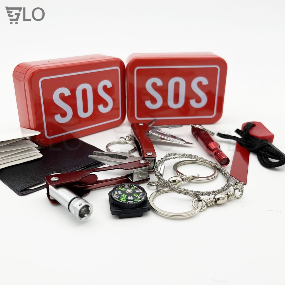Bộ Dụng Cụ Sinh Tồn Sos 6 Món Gồm Kìm Đa Năng + Dây Cưa + Còi + La Bàn + Đánh Lửa + Thép Đa Năng