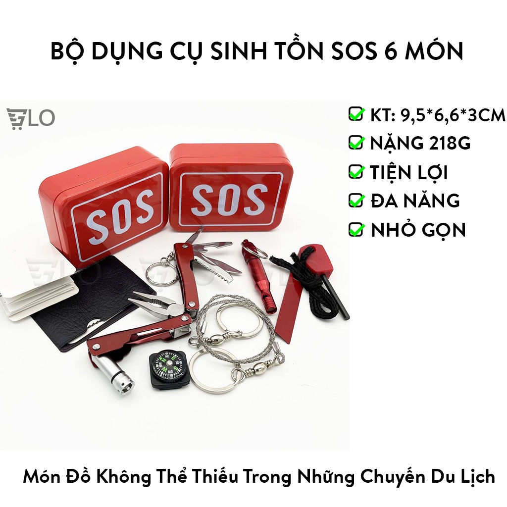 Bộ Dụng Cụ Sinh Tồn Sos 6 Món Gồm Kìm Đa Năng + Dây Cưa + Còi + La Bàn + Đánh Lửa + Thép Đa Năng