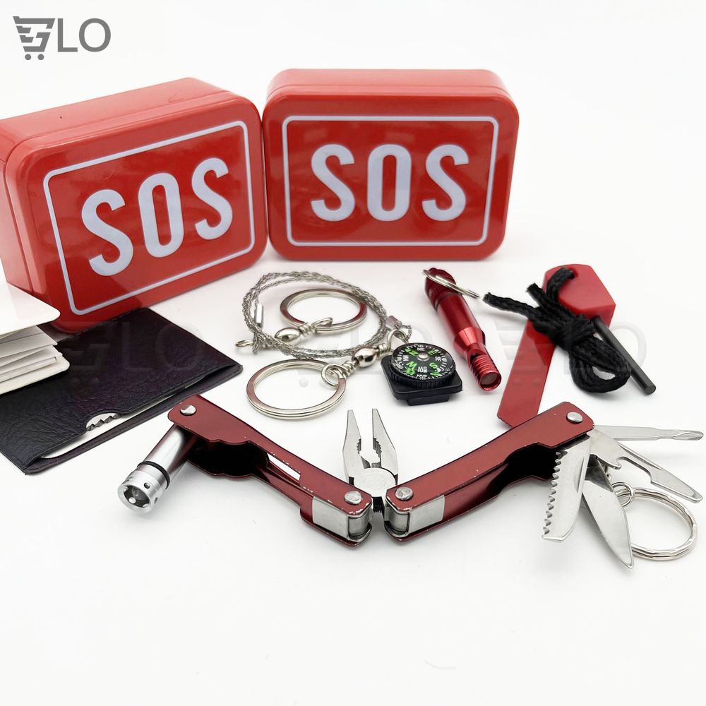 Bộ Dụng Cụ Sinh Tồn Sos 6 Món Gồm Kìm Đa Năng + Dây Cưa + Còi + La Bàn + Đánh Lửa + Thép Đa Năng