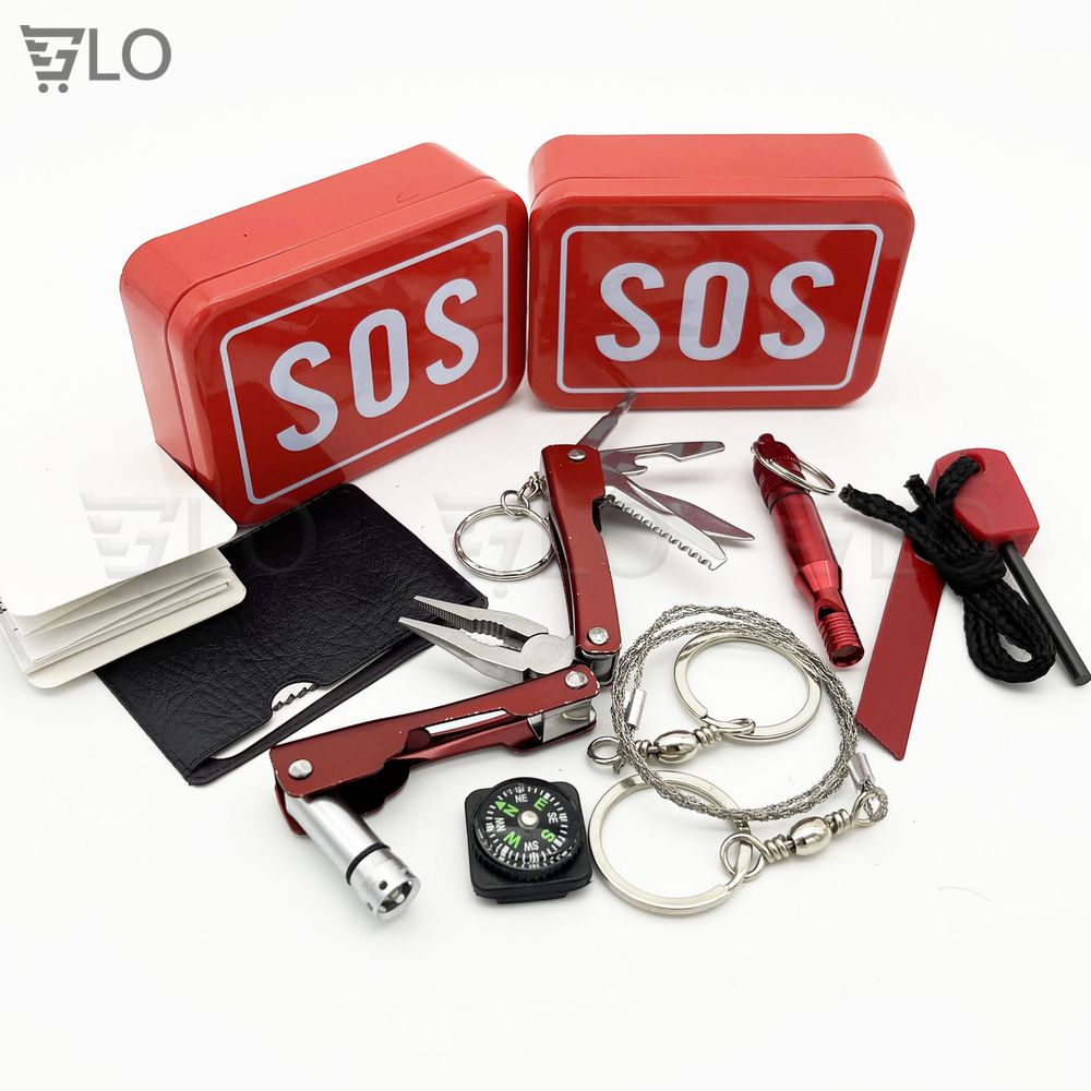 Bộ Dụng Cụ Sinh Tồn Sos 6 Món Gồm Kìm Đa Năng + Dây Cưa + Còi + La Bàn + Đánh Lửa + Thép Đa Năng