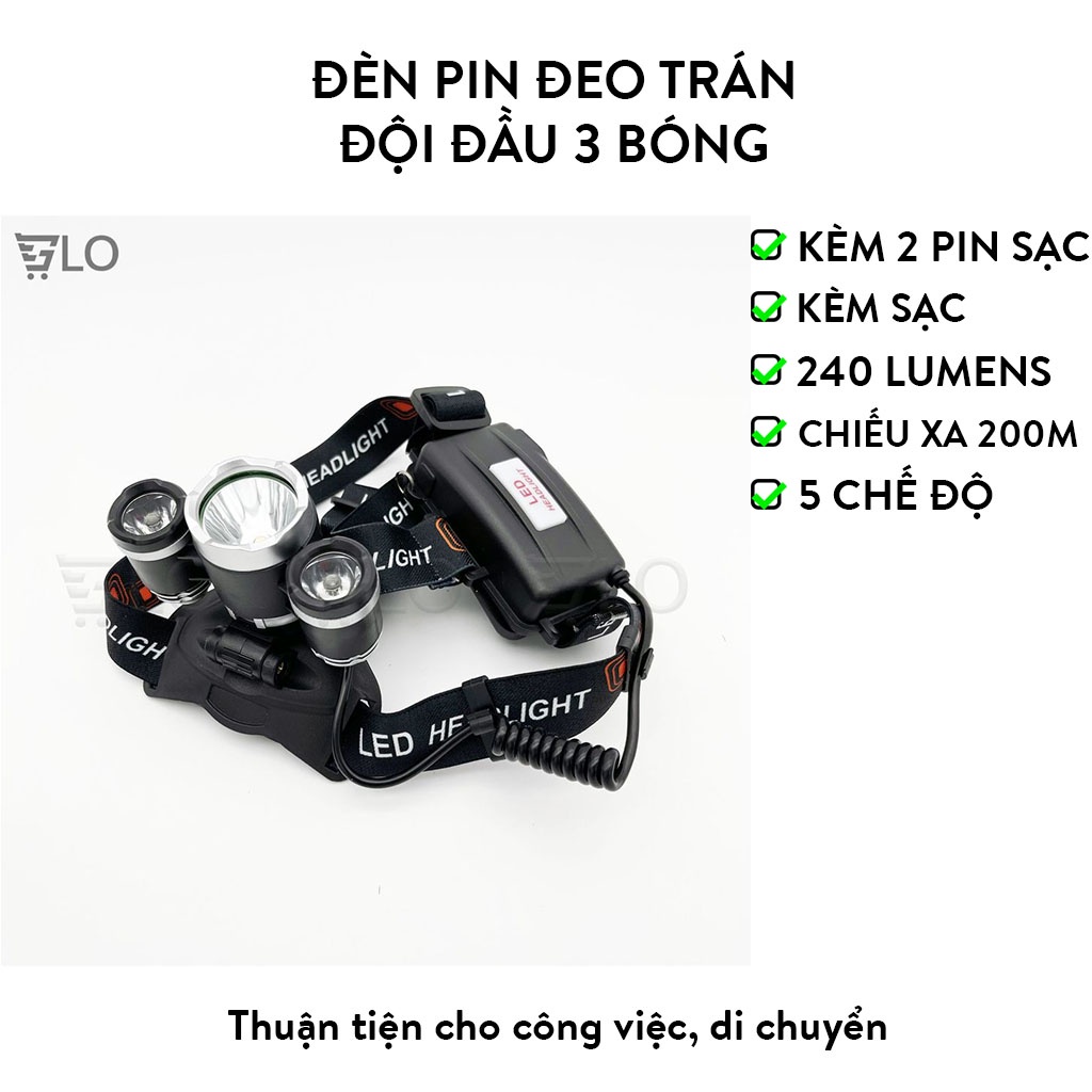 Đèn Pin Đeo Trán Đội Đầu 3 Bóng + 2 Pin Sạc + 1 Cục Sạc
